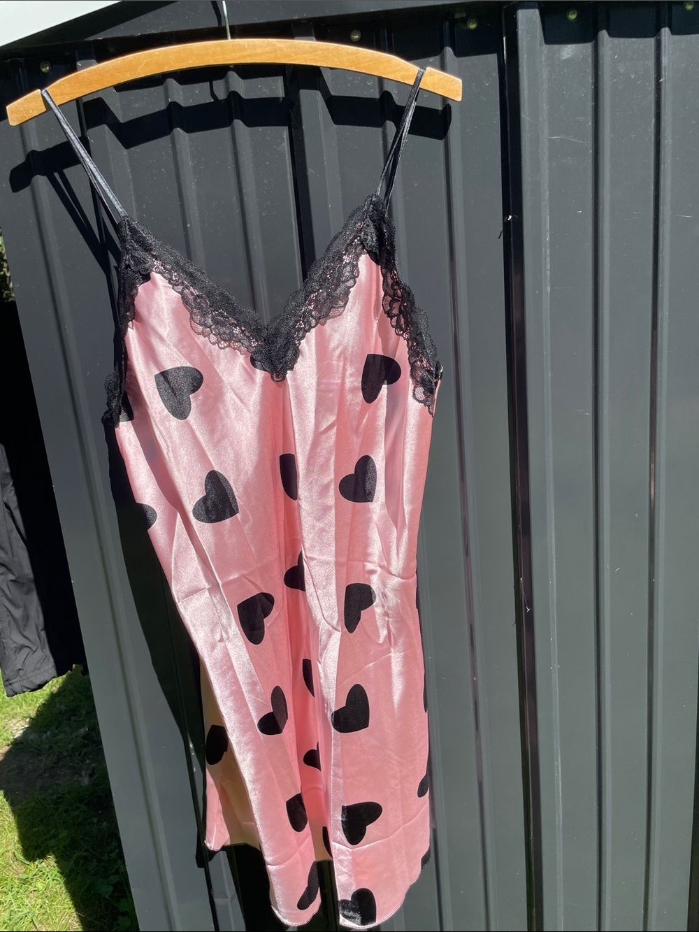 Pink Heart-Print Satin Slip Dress with Black Lace Trim